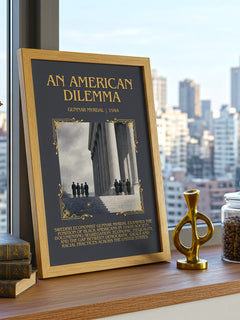 An American Dilemma Minimalist Book Poster by Gunnar Myrdal – framed print on a city-view windowsill
