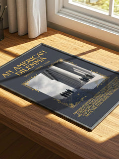 An American Dilemma Minimalist Book Poster by Gunnar Myrdal – print on a sunlit desk