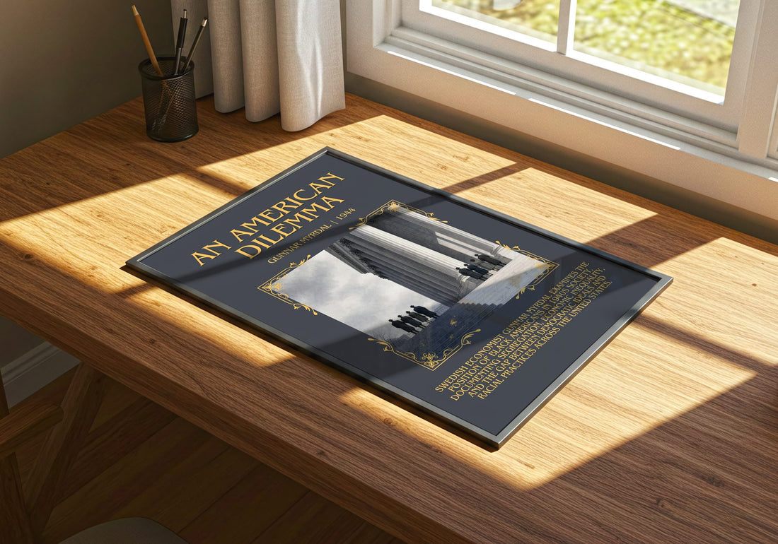 An American Dilemma Minimalist Book Poster by Gunnar Myrdal – print on a sunlit desk