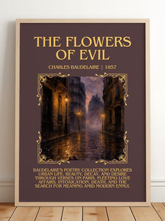The Flowers of Evil Minimalist Book Poster by Charles Baudelaire – framed print leaning on a wooden floor
