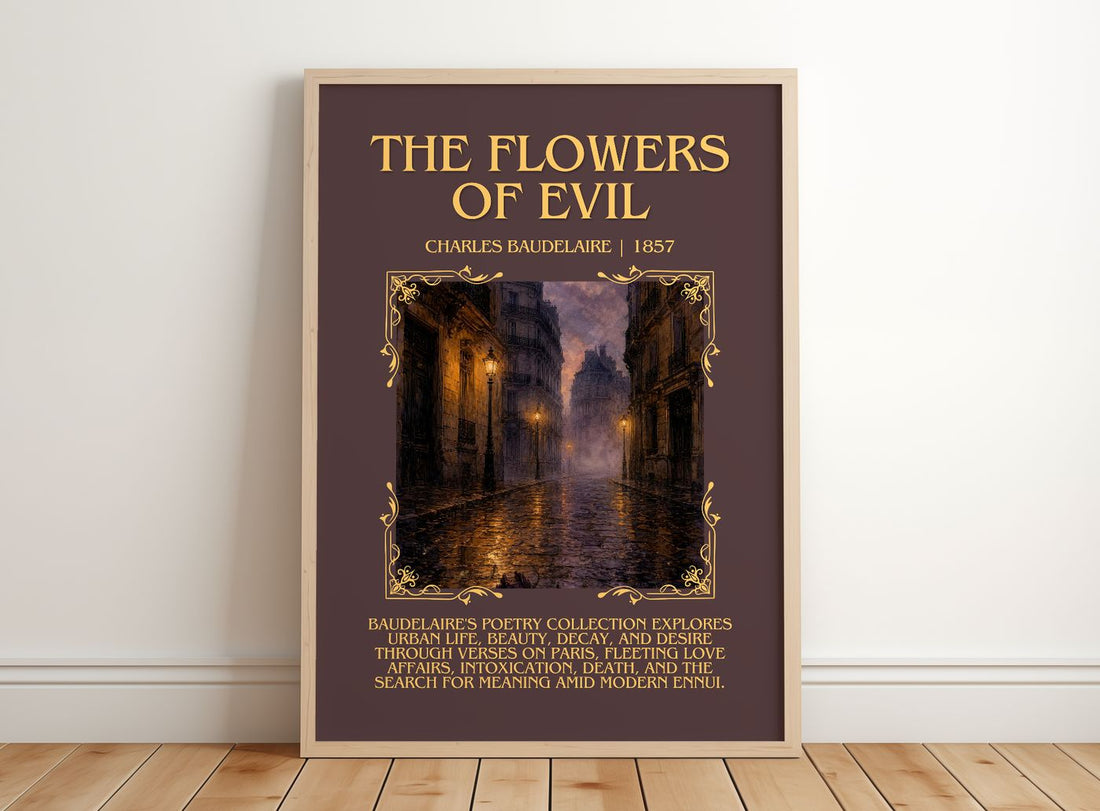 The Flowers of Evil Minimalist Book Poster by Charles Baudelaire – framed print leaning on a wooden floor