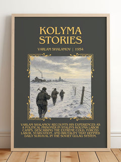 Kolyma Stories Minimalist Book Poster by Varlam Shalamov – framed print leaning on a wooden floor