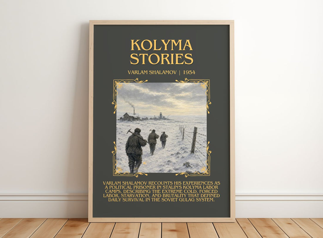 Kolyma Stories Minimalist Book Poster by Varlam Shalamov – framed print leaning on a wooden floor