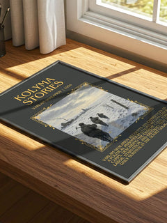Kolyma Stories Minimalist Book Poster by Varlam Shalamov – print on a sunlit desk