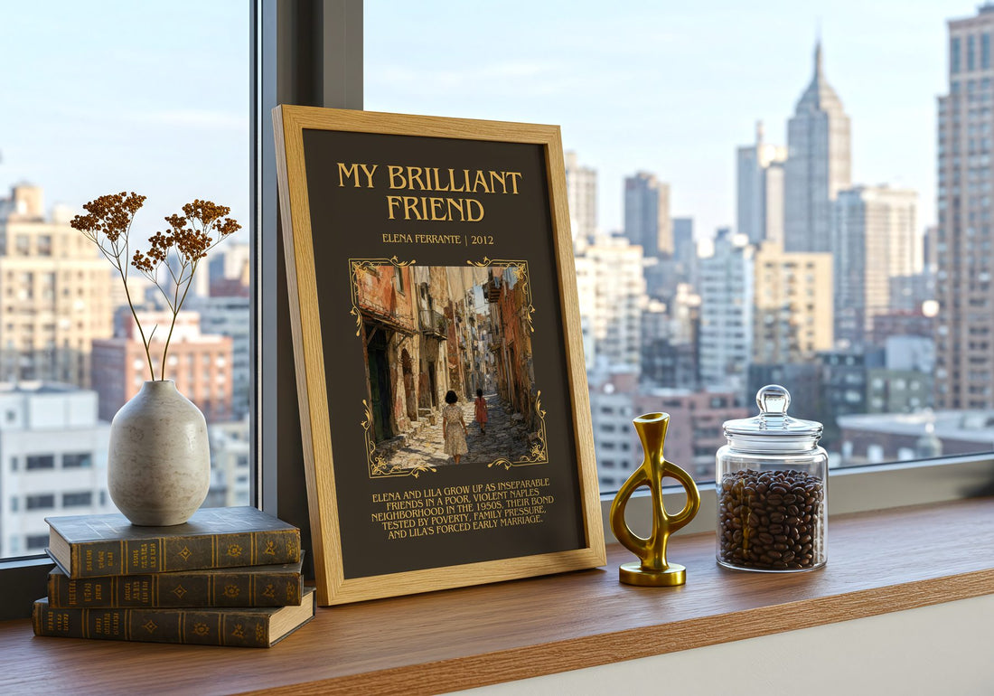 My Brilliant Friend Minimalist Book Poster by Elena Ferrante – framed print on a city-view windowsill