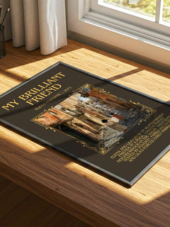 My Brilliant Friend Minimalist Book Poster by Elena Ferrante – print on a sunlit desk