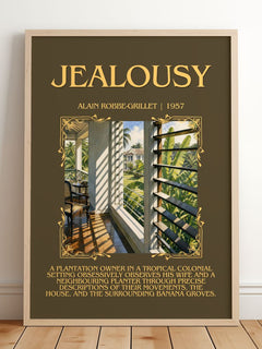 Jealousy Minimalist Book Poster by Alain Robbe-Grillet – framed print leaning on a wooden floor