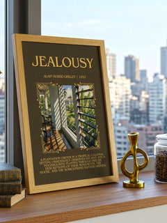 Jealousy Minimalist Book Poster by Alain Robbe-Grillet – framed print on a city-view windowsill