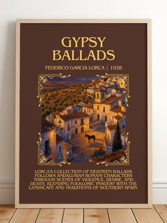 Gypsy Ballads Minimalist Book Poster by Federico García Lorca – framed print leaning on a wooden floor