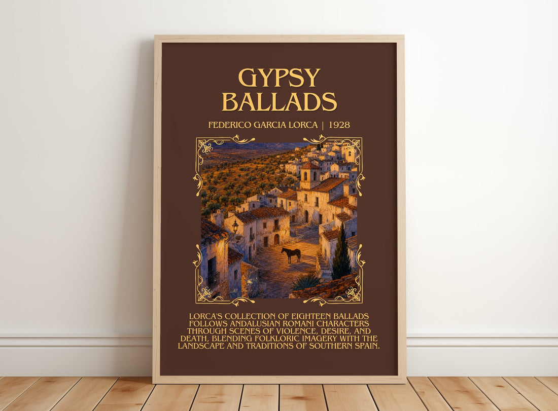 Gypsy Ballads Minimalist Book Poster by Federico García Lorca – framed print leaning on a wooden floor