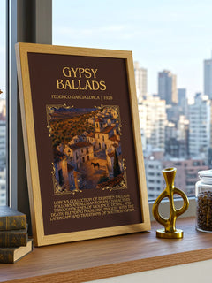 Gypsy Ballads Minimalist Book Poster by Federico García Lorca – framed print on a city-view windowsill