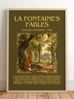 La Fontaine's Fables Minimalist Book Poster by Jean de La Fontaine – framed print leaning on a wooden floor
