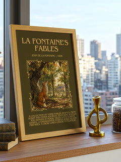La Fontaine's Fables Minimalist Book Poster by Jean de La Fontaine – framed print on a city-view windowsill