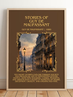 Stories of Guy de Maupassant Minimalist Book Poster by G. Maupassant – framed print leaning on a wooden floor
