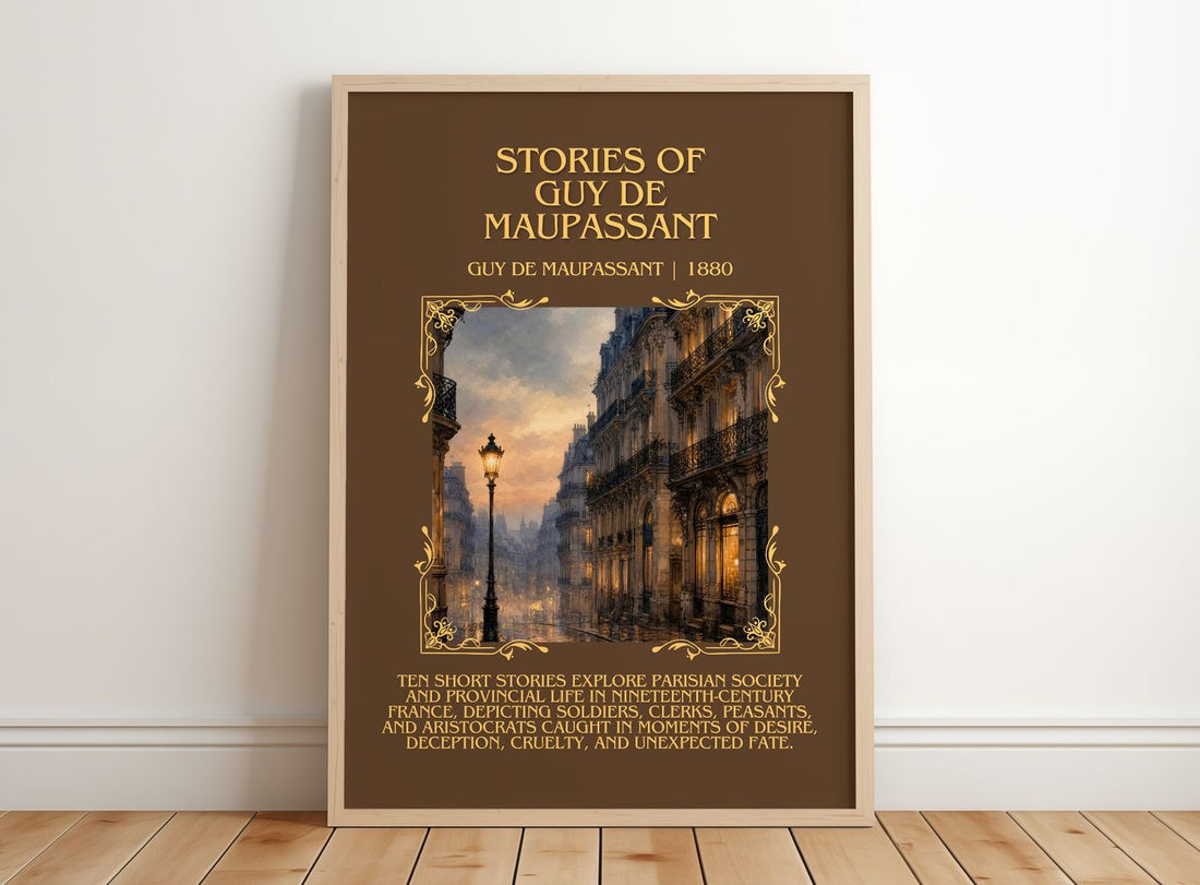 Stories of Guy de Maupassant Minimalist Book Poster by G. Maupassant – framed print leaning on a wooden floor