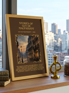 Stories of Guy de Maupassant Minimalist Book Poster by G. Maupassant – framed print on a city-view windowsill