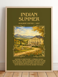 Indian Summer Minimalist Book Poster by Adalbert Stifter – framed print leaning on a wooden floor