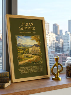Indian Summer Minimalist Book Poster by Adalbert Stifter – framed print on a city-view windowsill