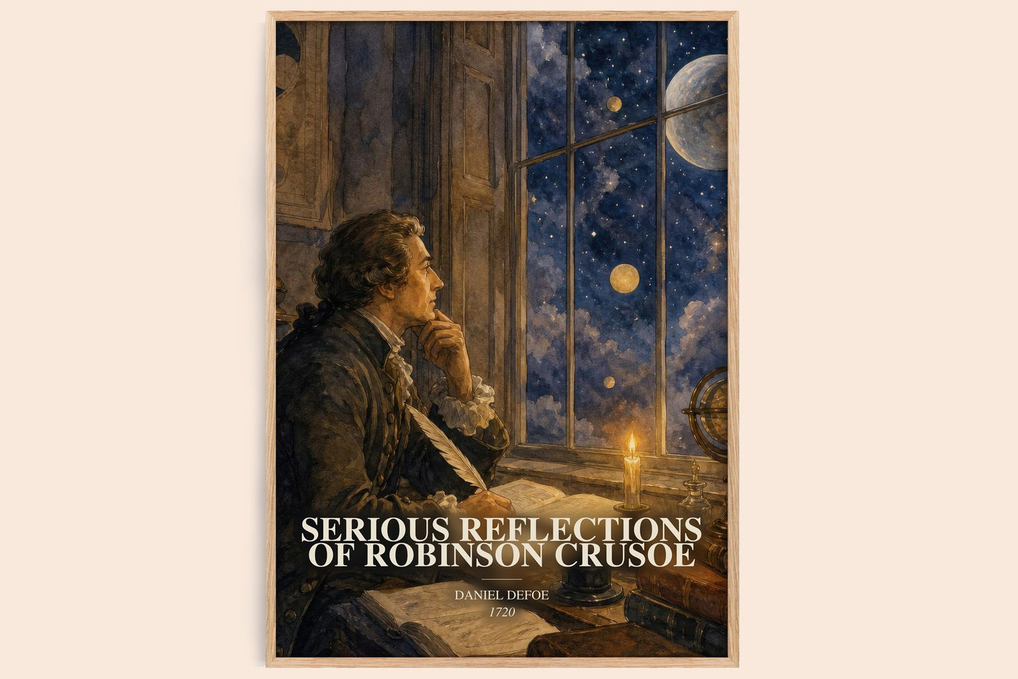 Serious Reflections Of Robinson Crusoe watercolour book poster by Daniel Defoe – framed literary art print