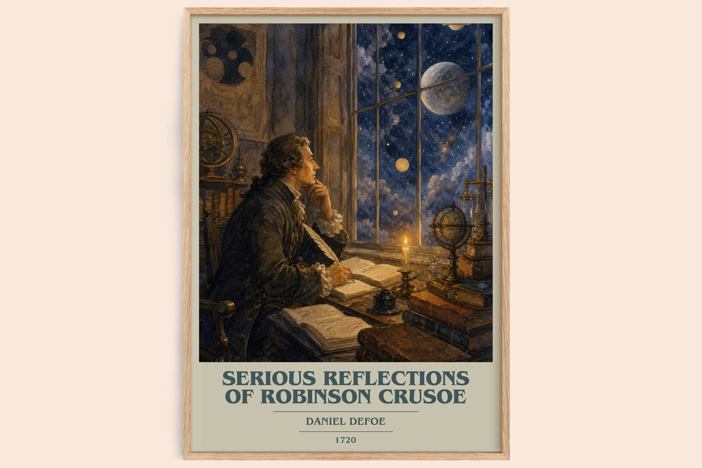 Serious Reflections Of Robinson Crusoe book cover book poster by Daniel Defoe – framed literary art print