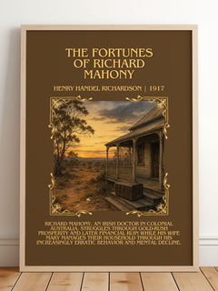 Fortunes Of Richard Mahony Minimalist Book Poster by H. Richardson – framed print leaning on a wooden floor