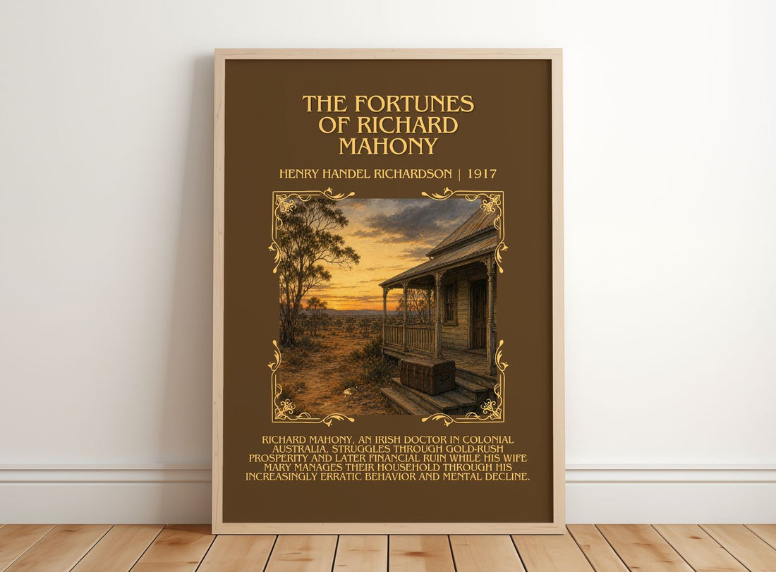 Fortunes Of Richard Mahony Minimalist Book Poster by H. Richardson – framed print leaning on a wooden floor