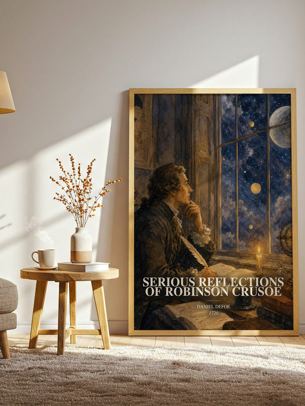 Serious Reflections Of Robinson Crusoe watercolour print in frame leaning in hallway – philosophy wall art