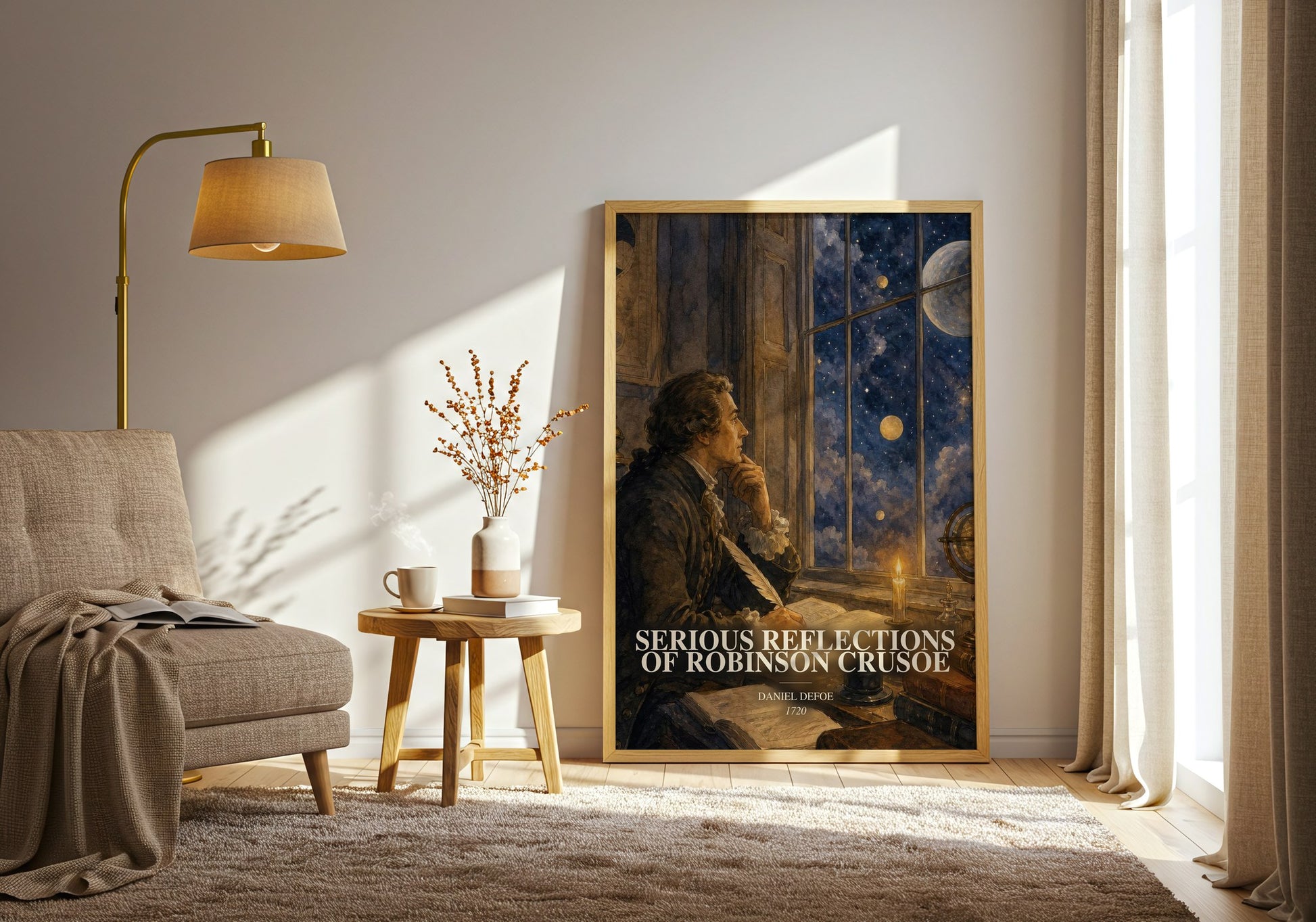 Serious Reflections Of Robinson Crusoe watercolour print in frame leaning in hallway – philosophy wall art