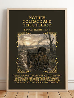 Mother Courage and Her Children Minimalist Book Poster by B. Brecht – framed print leaning on a wooden floor