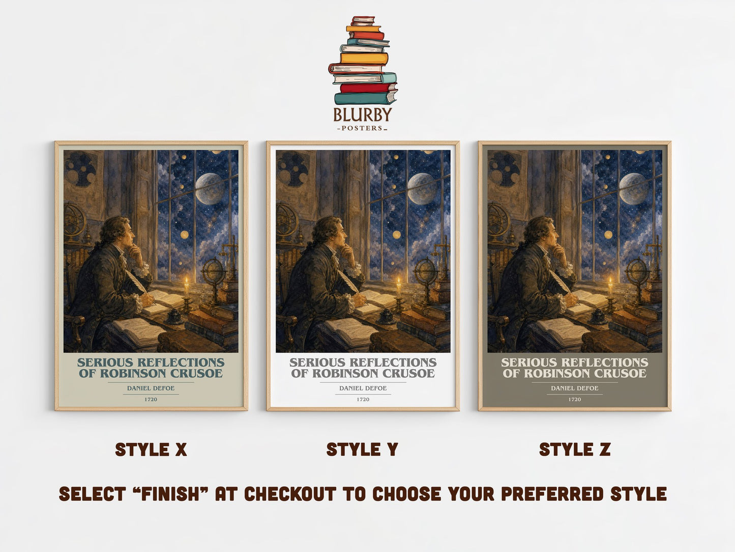 Serious Reflections Of Robinson Crusoe book cover print in frame leaning in hallway – philosophy wall art