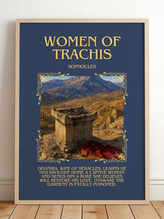 Women of Trachis Minimalist Book Poster by Sophocles – framed print leaning on a wooden floor
