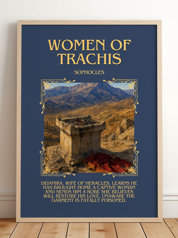 Women of Trachis Minimalist Book Poster by Sophocles – framed print leaning on a wooden floor