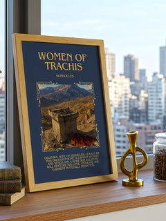 Women of Trachis Minimalist Book Poster by Sophocles – framed print on a city-view windowsill
