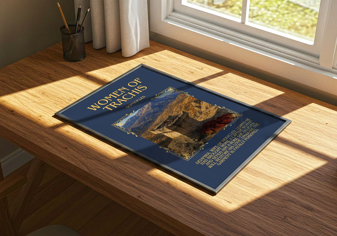 Women of Trachis Minimalist Book Poster by Sophocles – print on a sunlit desk