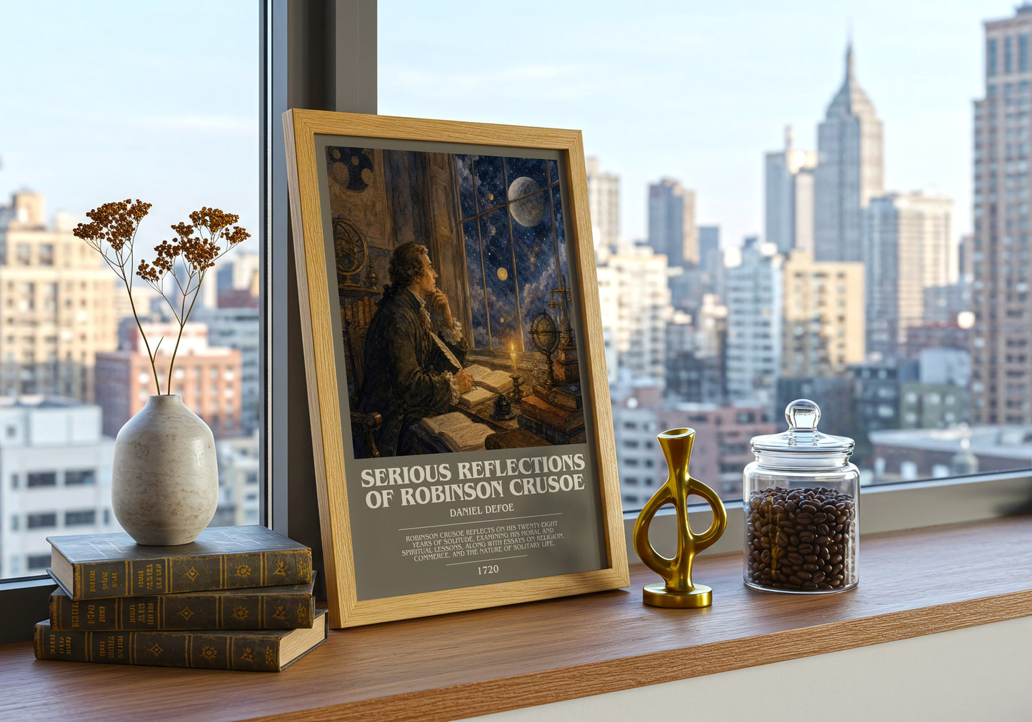 Serious Reflections Of Robinson Crusoe bookish print framed by window – literary home decor