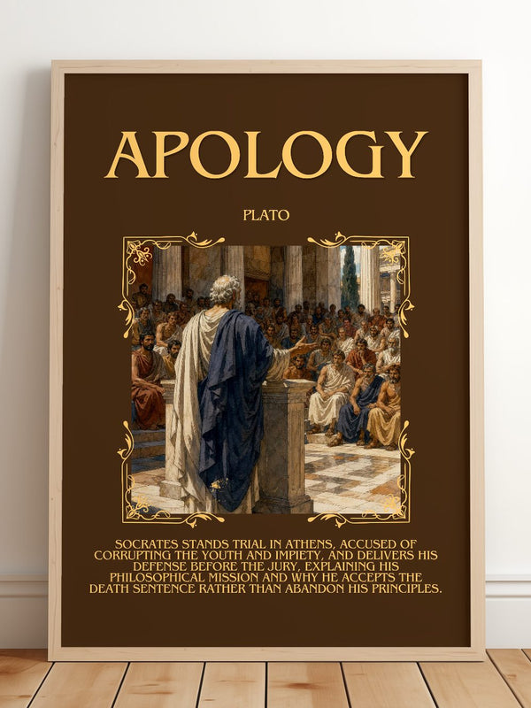 Apology Minimalist Book Poster by Plato – framed print leaning on a wooden floor