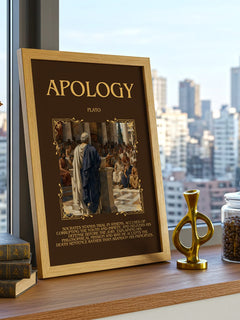 Apology Minimalist Book Poster by Plato – framed print on a city-view windowsill