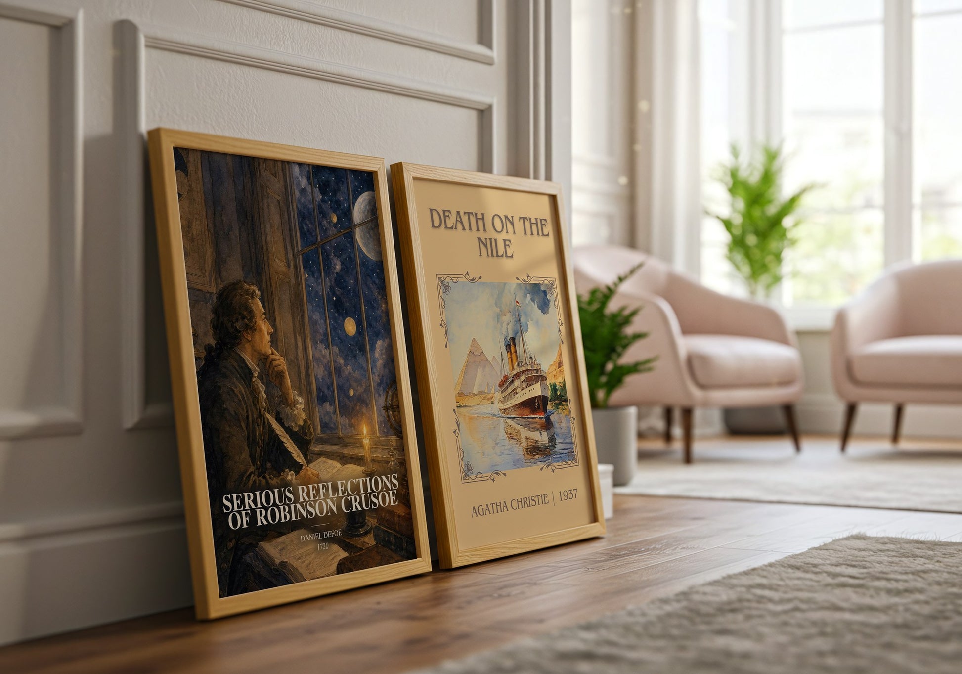 Serious Reflections Of Robinson Crusoe watercolour print framed by window – literary home decor