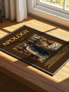 Apology Minimalist Book Poster by Plato – print on a sunlit desk