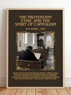 The Protestant Ethic and the Spirit of Capitalism Minimalist Book Poster by Max Weber – framed print leaning on a wooden floor