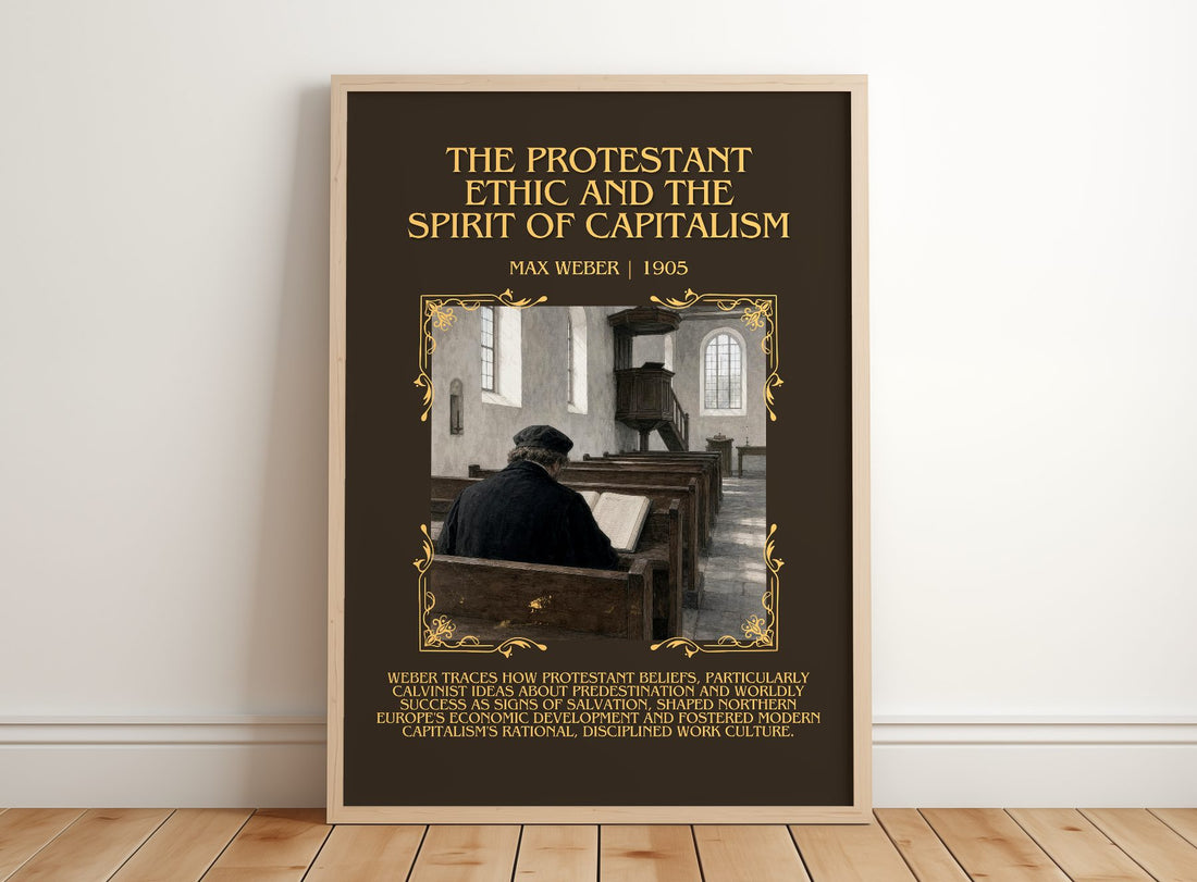 The Protestant Ethic and the Spirit of Capitalism Minimalist Book Poster by Max Weber – framed print leaning on a wooden floor