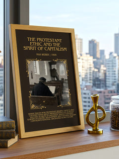 The Protestant Ethic and the Spirit of Capitalism Minimalist Book Poster by Max Weber – framed print on a city-view windowsill