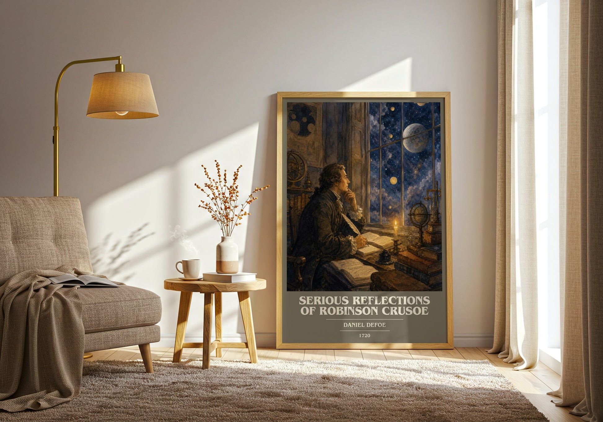 Serious Reflections Of Robinson Crusoe book cover print on bookshelf – Daniel Defoe fan gift