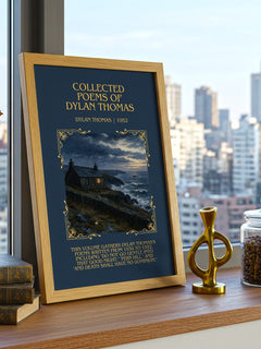 Collected Poems of Dylan Thomas Minimalist Book Poster by Dylan Thomas – framed print on a city-view windowsill