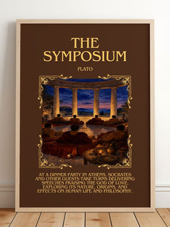The Symposium Minimalist Book Poster by Plato – framed print leaning on a wooden floor