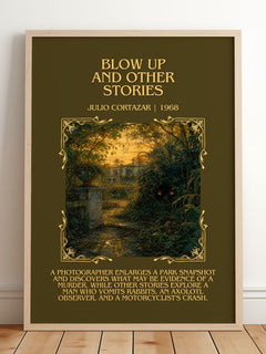 Blow Up And Other Stories Minimalist Book Poster by Julio Cortazar – framed print leaning on a wooden floor
