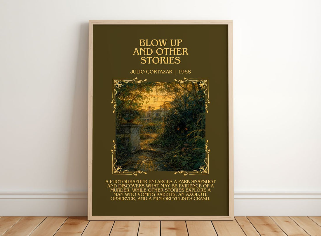 Blow Up And Other Stories Minimalist Book Poster by Julio Cortazar – framed print leaning on a wooden floor