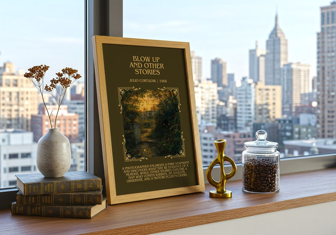 Blow Up And Other Stories Minimalist Book Poster by Julio Cortazar – framed print on a city-view windowsill