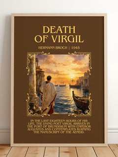 Death of Virgil Minimalist Book Poster by Hermann Broch – framed print leaning on a wooden floor