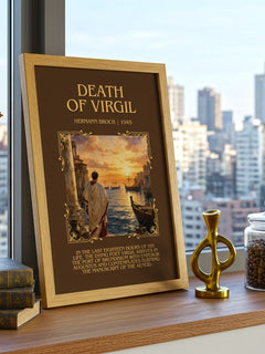 Death of Virgil Minimalist Book Poster by Hermann Broch – framed print on a city-view windowsill